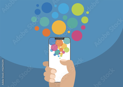 Hand holding next generation bezel free / frameless smartphone with touchscreen as vector illustration with colorful bubbles.