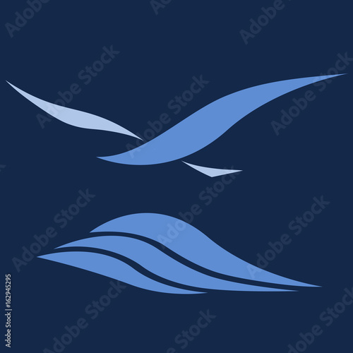 Tern or seagull flying over sea waves, stylized bird, isolated vector logo design
