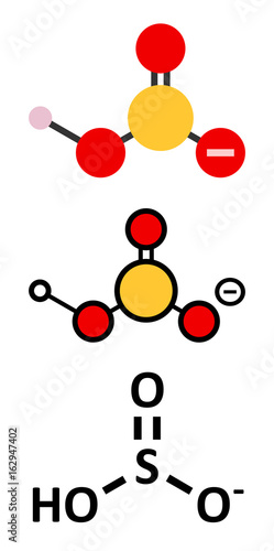 Bisulfite anion, chemical structure. Common salts include sodium bisulfite (E222) and potassium bisulfite (E228), used as food preservatives.