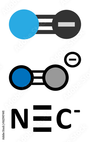 Cyanide anion, chemical structure. Cyanides are toxic, due to inhibition of the enzyme cytochrome c oxidase.