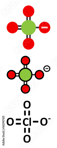 Perchlorate anion, chemical structure. Salts are used in rocket propellants.