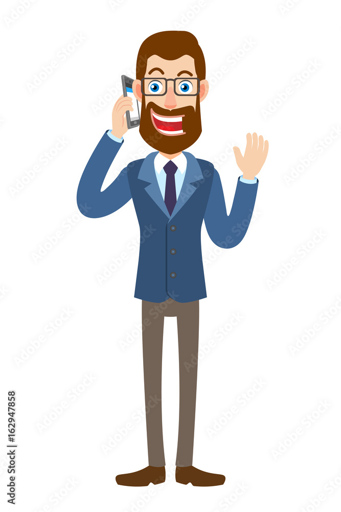 Hipster Businessman talking on mobile phone and raised a hand in greeting
