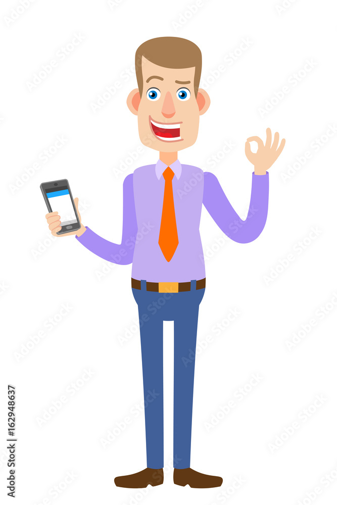 Businessman holding mobile phone and showing a okay hand sign Businessman holding mobile phone and showing a okay hand sign