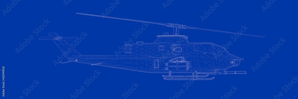 3d rendering of a helicopter on a blue background blueprint