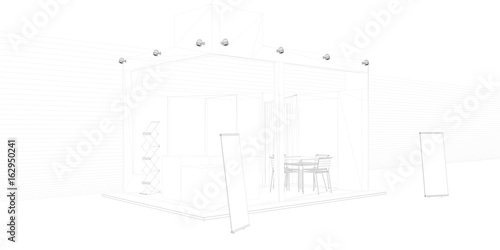 3d rendering of an outlined exhibition with white background