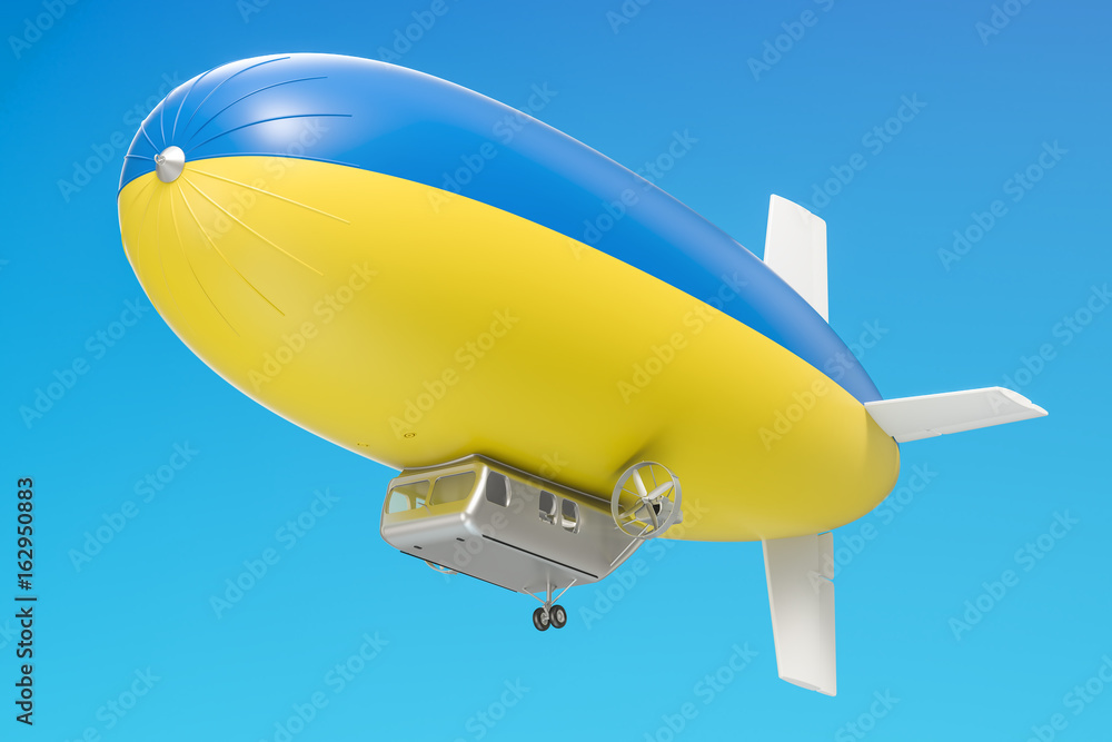 Fototapeta premium Airship or dirigible balloon with Ukrainian flag, 3D rendering