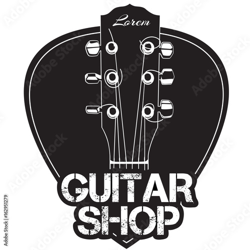 Guitar neck icon with guitar shop text. Monochropme design