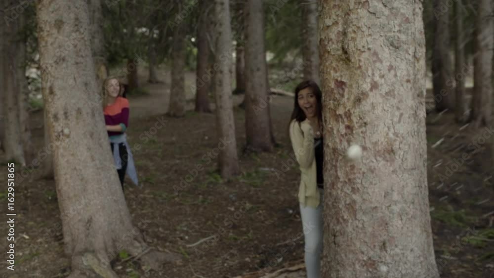 Girls Hide Behind Trees, As Boys Throw Snowballs At Them (Summer In The Mountains) Girls Hide Behind Trees, As Boys Throw Snowballs At Them (Summer In The Mountains)