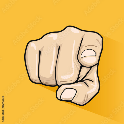 Male hand pointing finger at you over yellow background