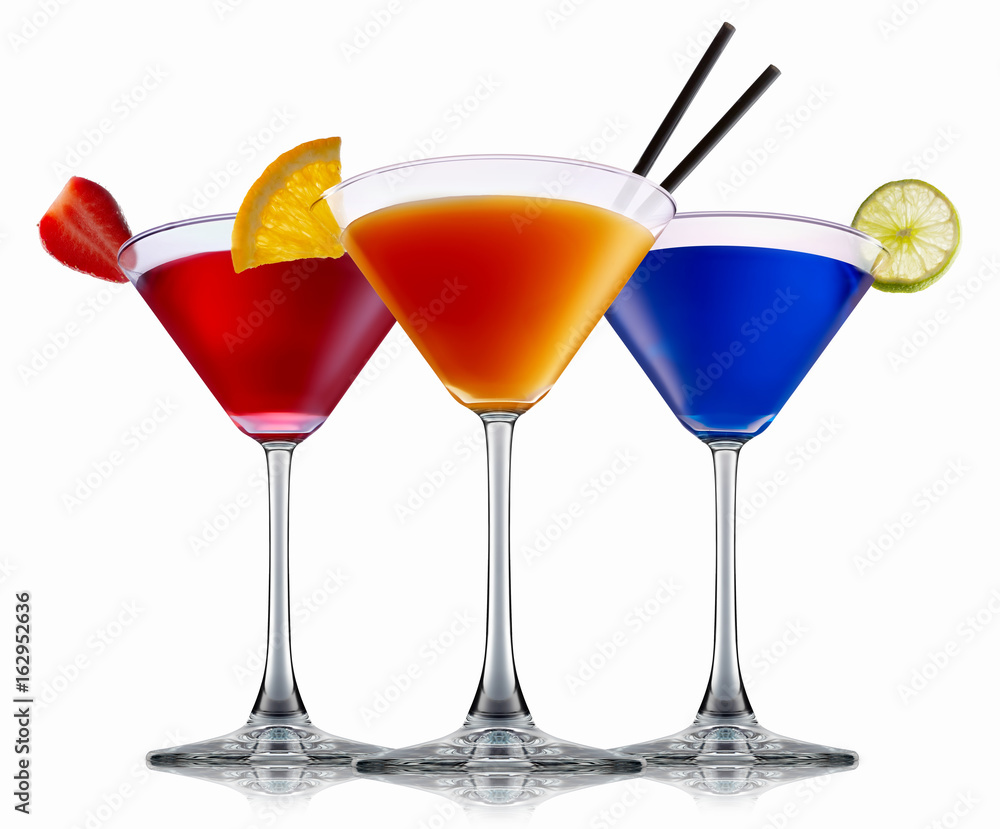 alcohol cocktail set on a white with fresh summer fruits alcohol cocktail set on a white with fresh summer fruits