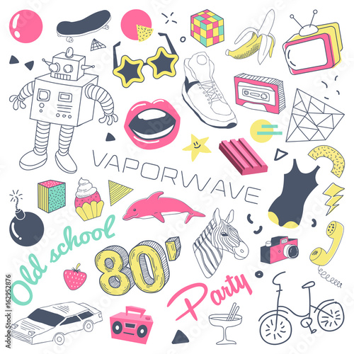 80s Fashion Hand Drawn Doodle with Skateboard, Lips and Sunglasses. Teenager Style Freehand Elements Set. Vector illustration