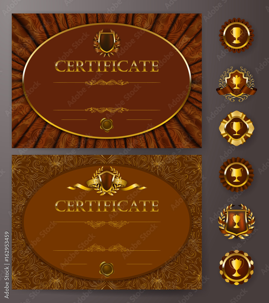 Obraz premium Set of elegant templates of diploma with lace ornament, ribbon, wax seal, drapery fabric, badges, place for text. Certificate of achievement, education, awards, winner. Vector illustration EPS 10.