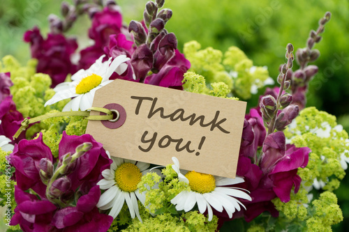 Fototapeta Naklejka Na Ścianę i Meble -  Thank you / Greeting card with snapdragons, daisies and text: Thank you 