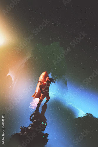 the spaceman with red jetpack rocket standing against starry sky, digital art style, illustration painting