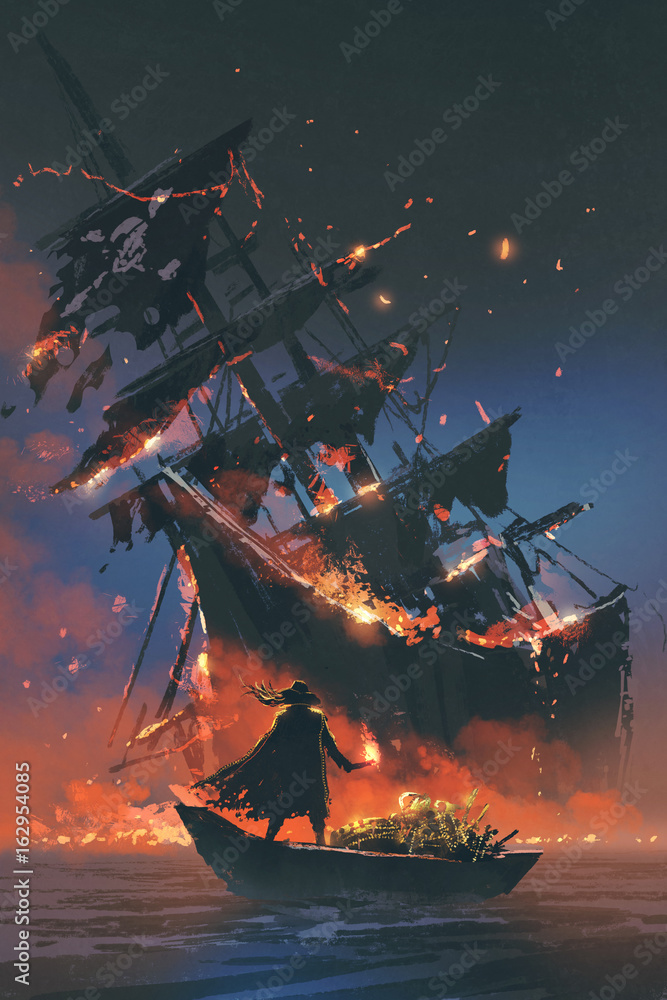 Naklejka premium pirat z płonącą pochodnią stojącą na łodzi ze skarbem patrzącym na tonący statek, cyfrowy styl sztuki, malowanie ilustracji