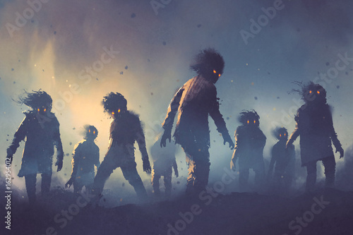 Fényképezés halloween concept of zombie crowd walking at night, digital art style, illustra