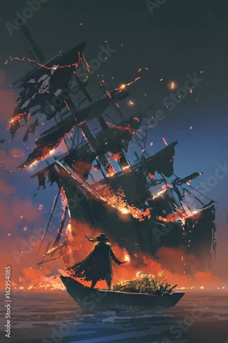 Obraz pirat z płonącą pochodnią stojący na łodzi ze skarbem, patrząc na tonący statek, styl sztuki cyfrowej, malarstwo ilustracyjne
