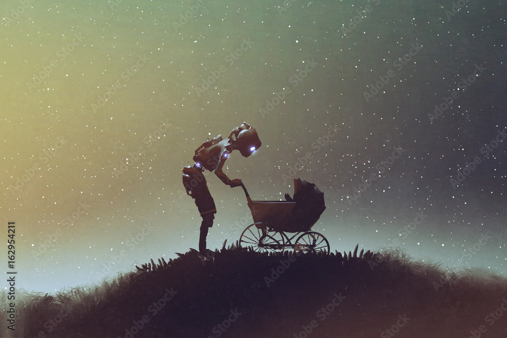Obraz premium young robot looking at baby in a stroller against starry sky, digital art style, illustration painting