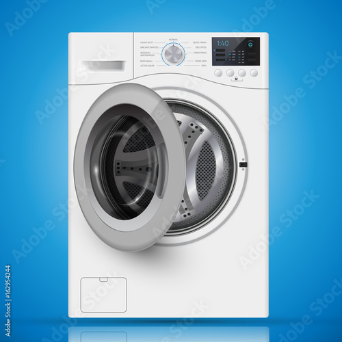 Realistic white front loading washing machine on a  blue background.