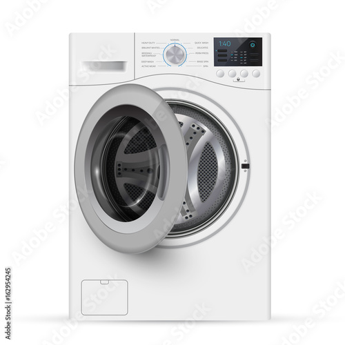 Realistic white front loading washing machine on a white background.