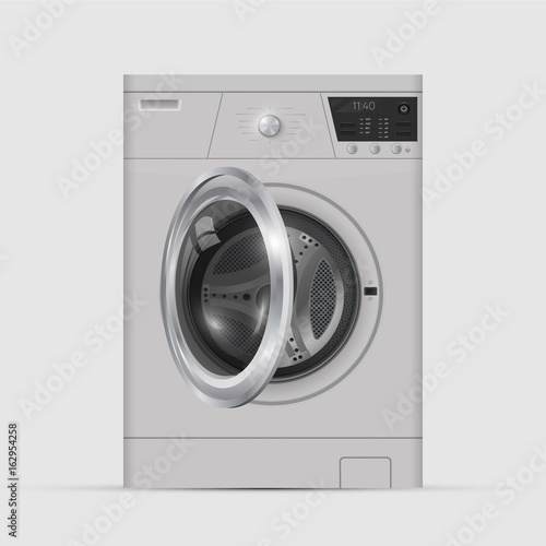 Realistic white front loading washing machine on a white background.