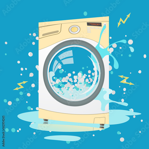 Broken washing machine in cartoon style. Bubbles,Sparks