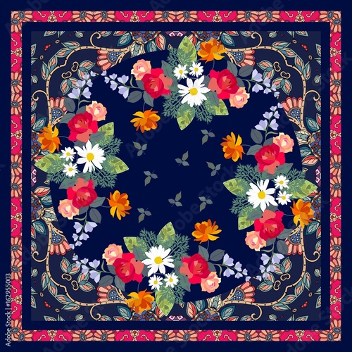 Bright bandana print in indian style with traditional ethnic ornament and bouquets of gardening flowers. Vector illustration.