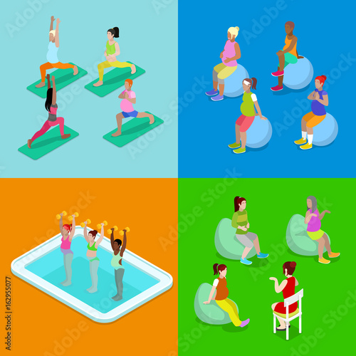 Isometric Pregnant Woman Aqua Aerobics, Fitness and Yoga. Healthy Lifestyle. Vector flat 3d illustration