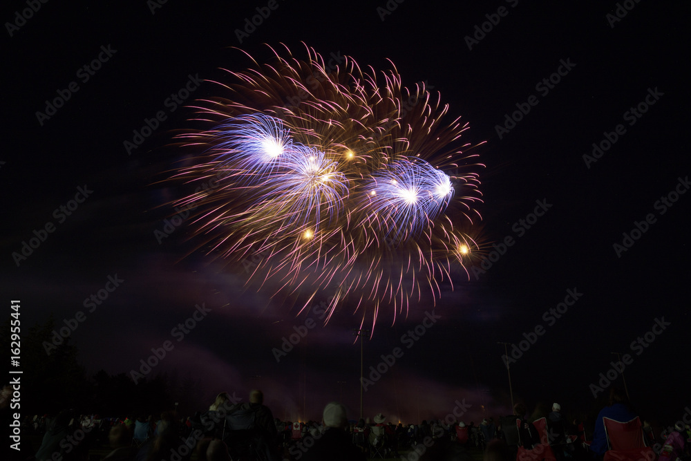 Round bursts of glowing fireworks high in sky over crowd of people below