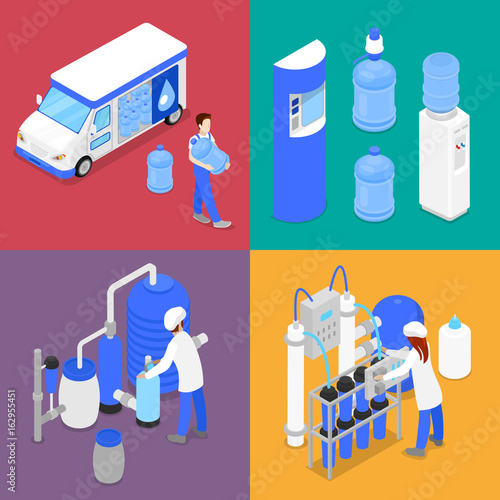 Isometric Water Purification Factory. Courier with Bottle of Clean Water. Vector flat 3d illustration