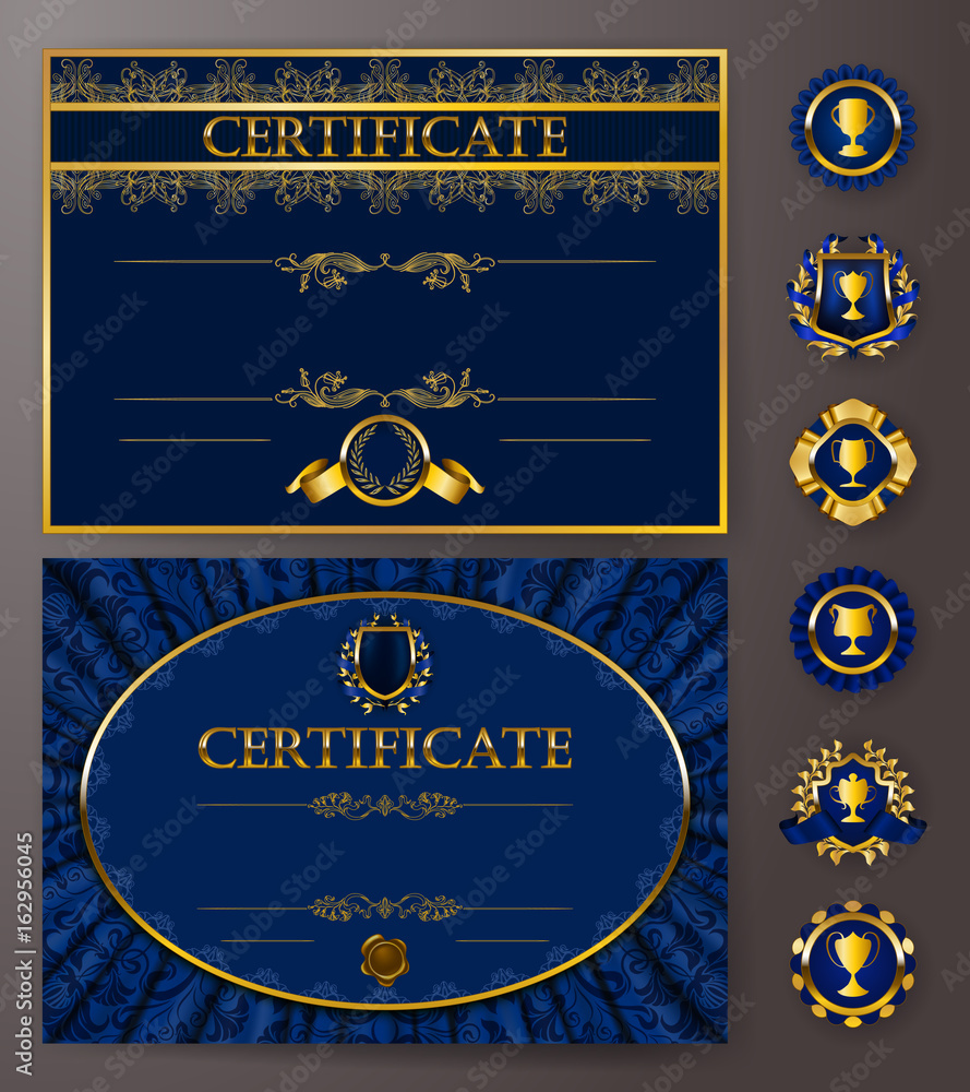 Naklejka premium Set of elegant templates of diploma with lace ornament, ribbon, wax seal, badges, place for text. Certificate of achievement, education, awards, winner. Vector illustration EPS 10.