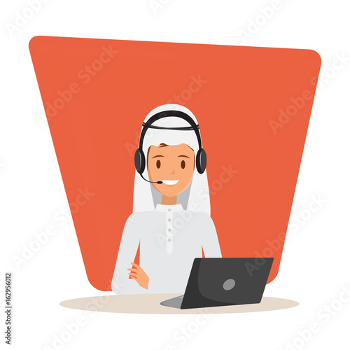 Man in call center occupation. Customer service character. Illustration vector of arab or muslim people.