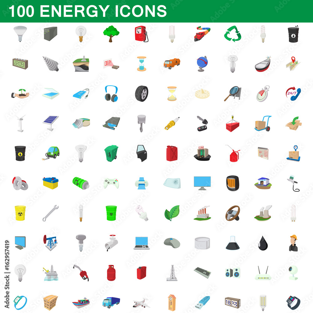 Fototapeta premium 100 energy icons set, cartoon style
