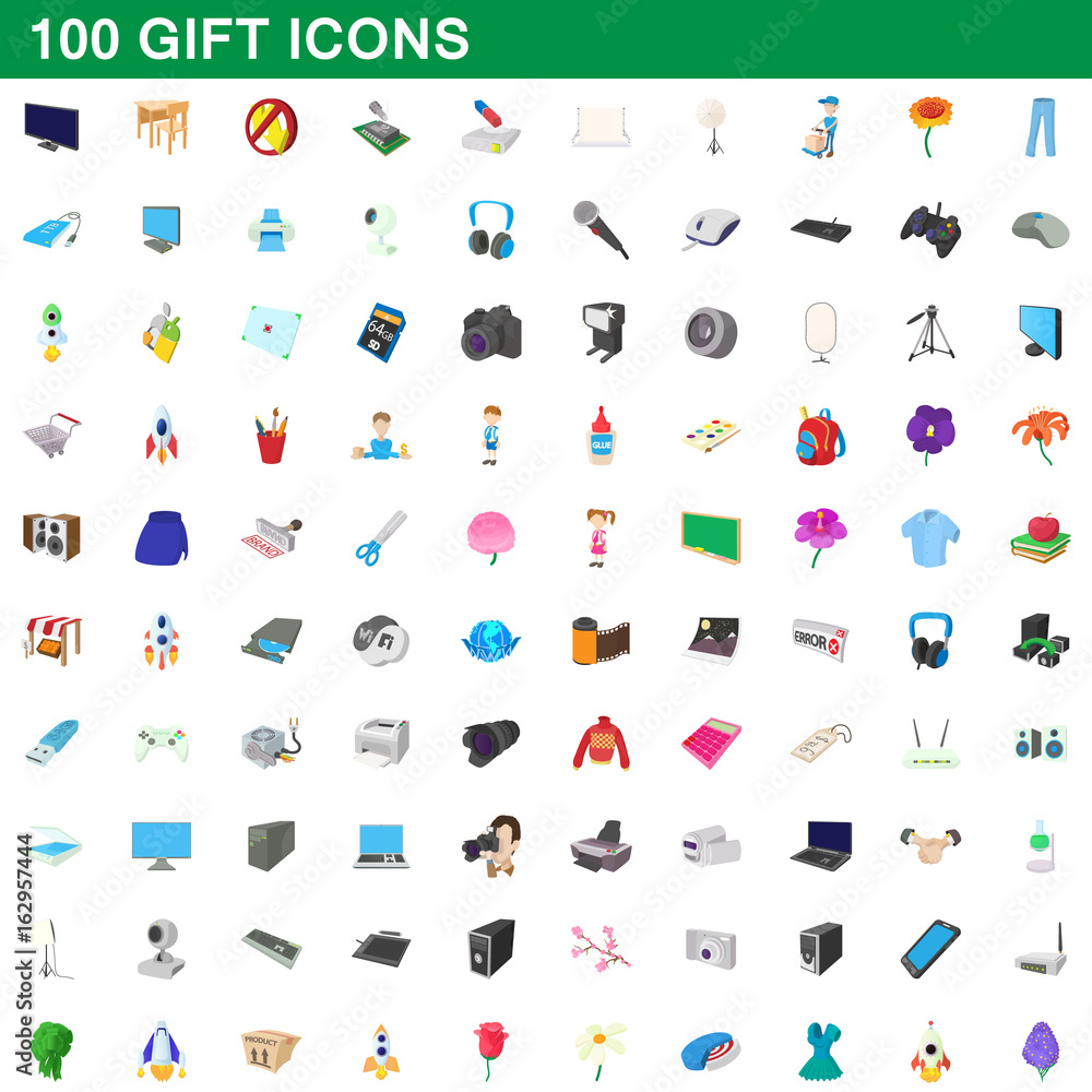 Fototapeta premium 100 gift icons set, cartoon style