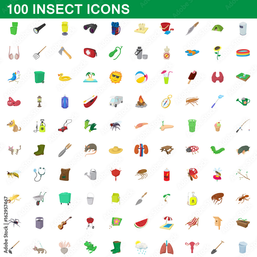100 insect icons set, cartoon style 100 insect icons set, cartoon style