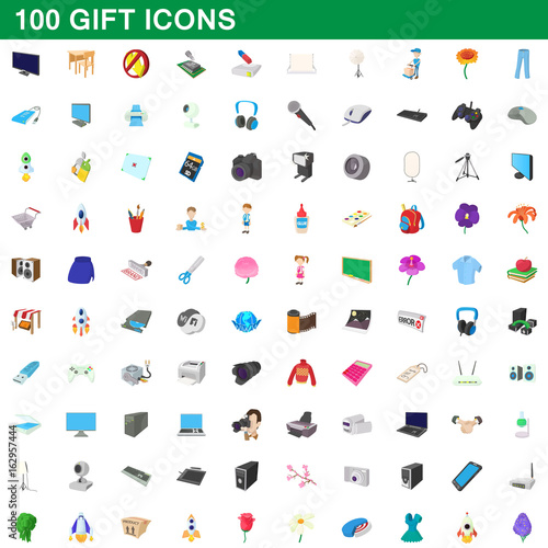 100 gift icons set  cartoon style