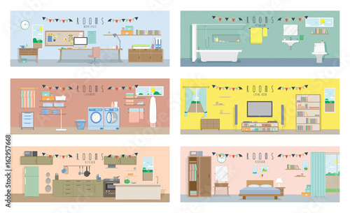 Rooms interior, living room, bedroom, kitchen, bathroom, laundry, workspace, set collection illustration vector. Rooms interior concept.