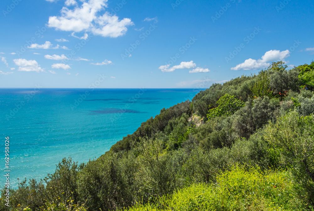 a view from the azure path (the path of Love), passing through the Cinque Terre park to Monterosso al Mare, Vernazza, Corniglia, Manarola and Riomaggiore