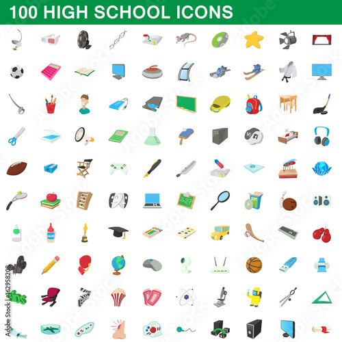 100 high school icons set, cartoon style