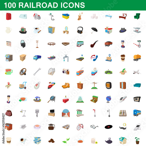 100 railroad icons set, cartoon style