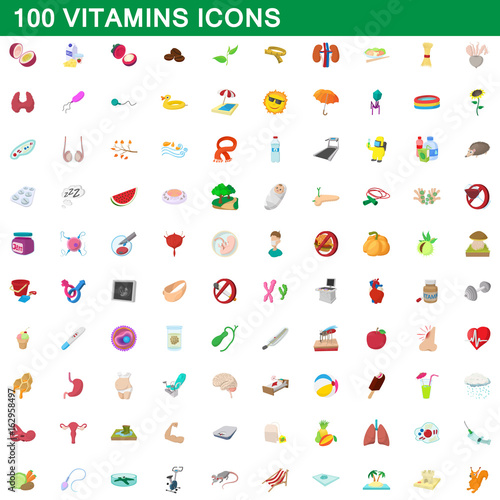 100 vitamins icons set, cartoon style
