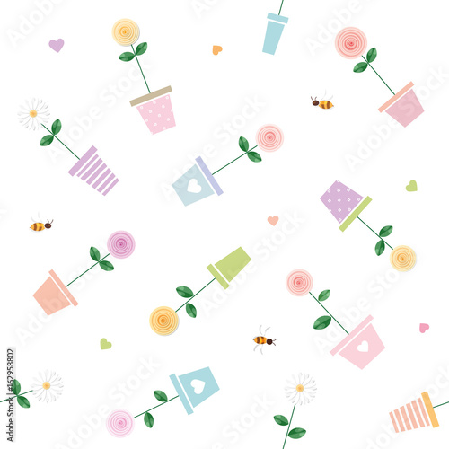 Floral seamless pattern background with roses and chamomiles in flowerpots.