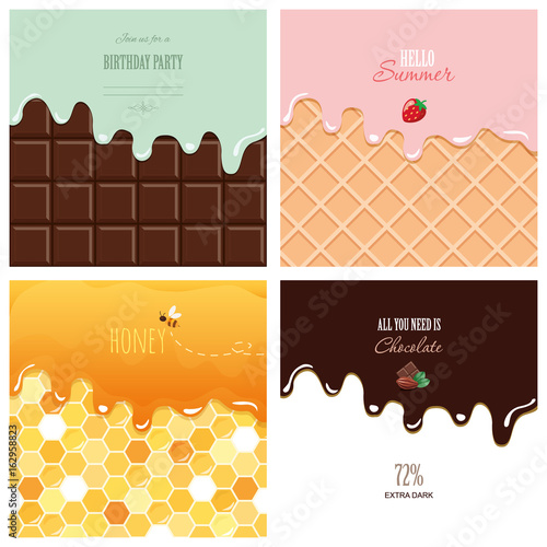 Different melted textures set. Cream on the chocolate bar, ice-cream on the wafer, honey on the honeycomb. Cute design with sample text.