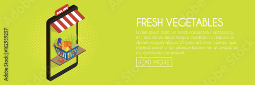 Vegetable food online shop concept. Isometric phone storefront vector illustration. Web banner template