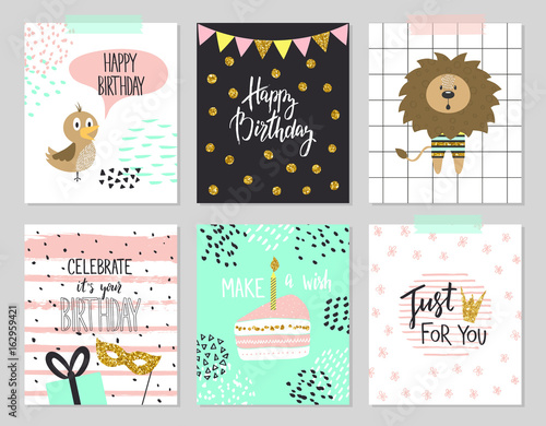 Happy birthday greeting cards and party invitation templates, vector illustration. Hand drawn style.