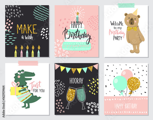 Happy birthday greeting cards and party invitation templates, vector illustration. Hand drawn style.