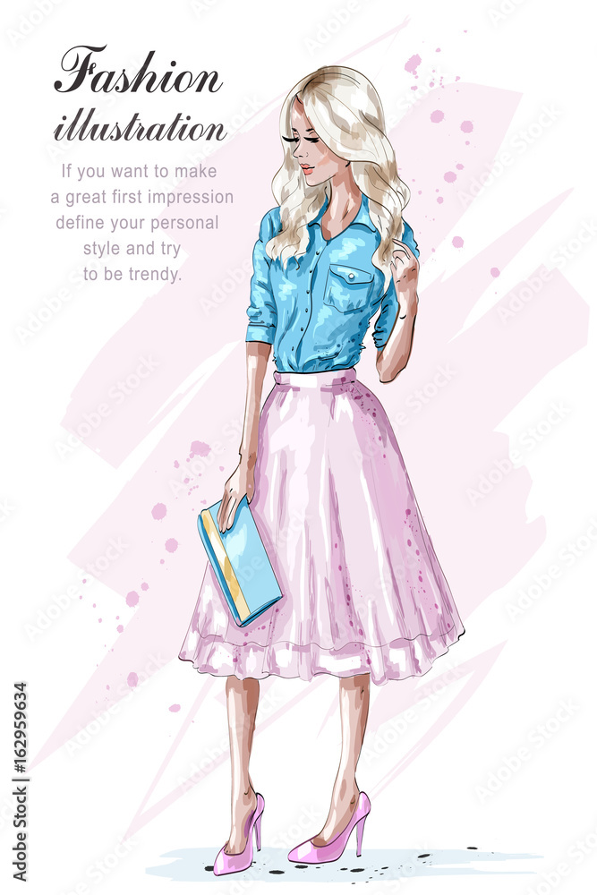 Fashion blonde girl in pink skirt, holding handbag. Hand drawn fashion woman. Sketch. Vector illustration. Fashion blonde girl in pink skirt, holding handbag. Hand drawn fashion woman. Sketch. Vector illustration.