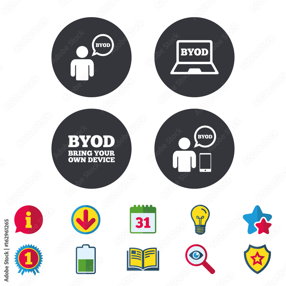 BYOD icons. Human with notebook and smartphone signs. Speech bubble symbol. Calendar, Information and Download signs. Stars, Award and Book icons. Light bulb, Shield and Search. Vector BYOD icons. Human with notebook and smartphone signs. Speech bubble symbol. Calendar, Information and Download signs. Stars, Award and Book icons. Light bulb, Shield and Search. Vector