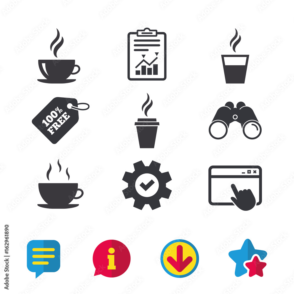 Coffee cup icon. Hot drinks glasses symbols. Take away or take-out tea beverage signs. Browser window, Report and Service signs. Binoculars, Information and Download icons. Stars and Chat. Vector Coffee cup icon. Hot drinks glasses symbols. Take away or take-out tea beverage signs. Browser window, Report and Service signs. Binoculars, Information and Download icons. Stars and Chat. Vector