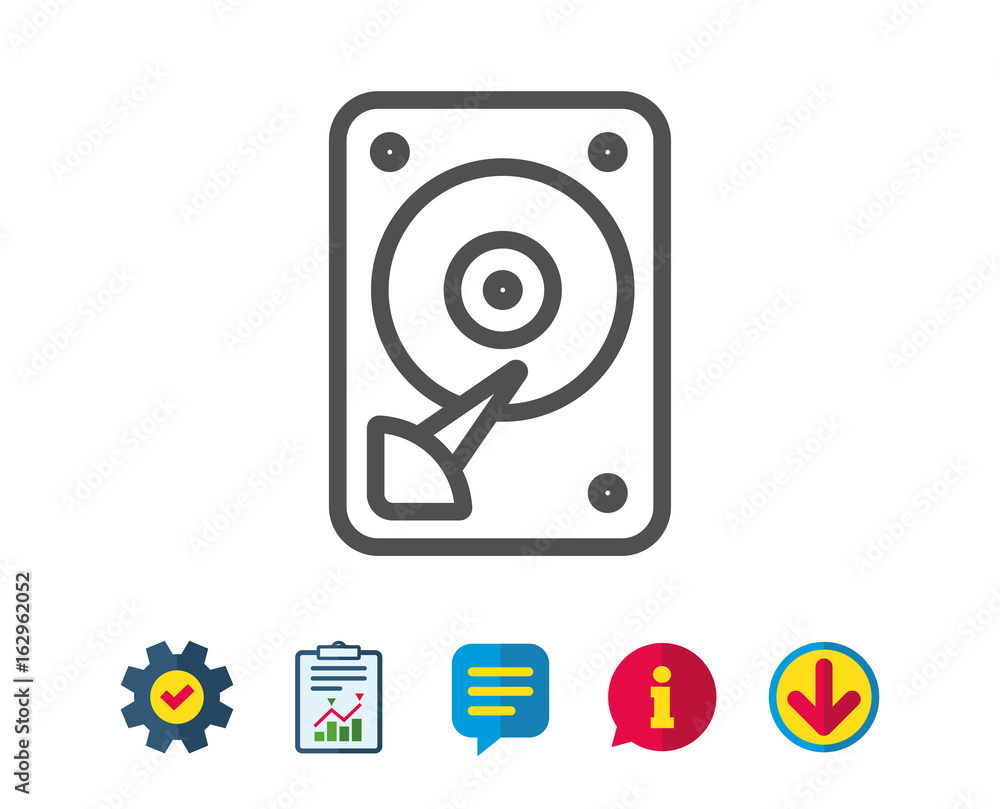 HDD icon. Hard disk storage sign. Hard drive memory symbol. Report, Service and Information line signs. Download, Speech bubble icons. Editable stroke. Vector HDD icon. Hard disk storage sign. Hard drive memory symbol. Report, Service and Information line signs. Download, Speech bubble icons. Editable stroke. Vector